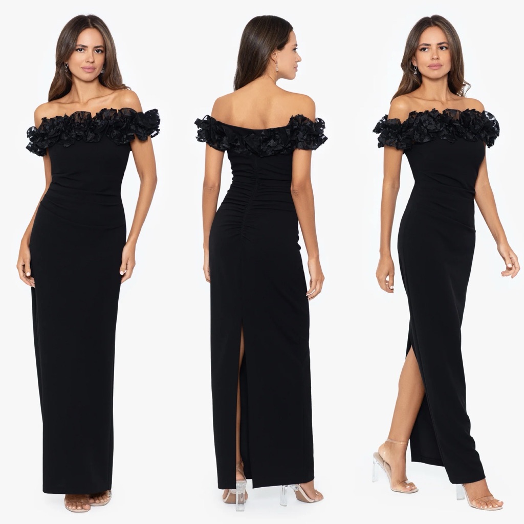 Xscape Evenings "Maya" Long Off The Shoulder 3d Ruffle Dress Size 10p